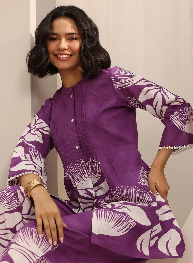 لباس Purple Printed Cotton Top and Pants Co-Ords