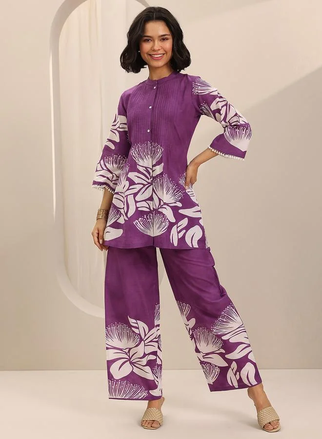 لباس Purple Printed Cotton Top and Pants Co-Ords