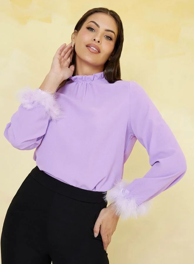 Styli High Neck Faux Fur Cuff Detail Regular Fit Blouse