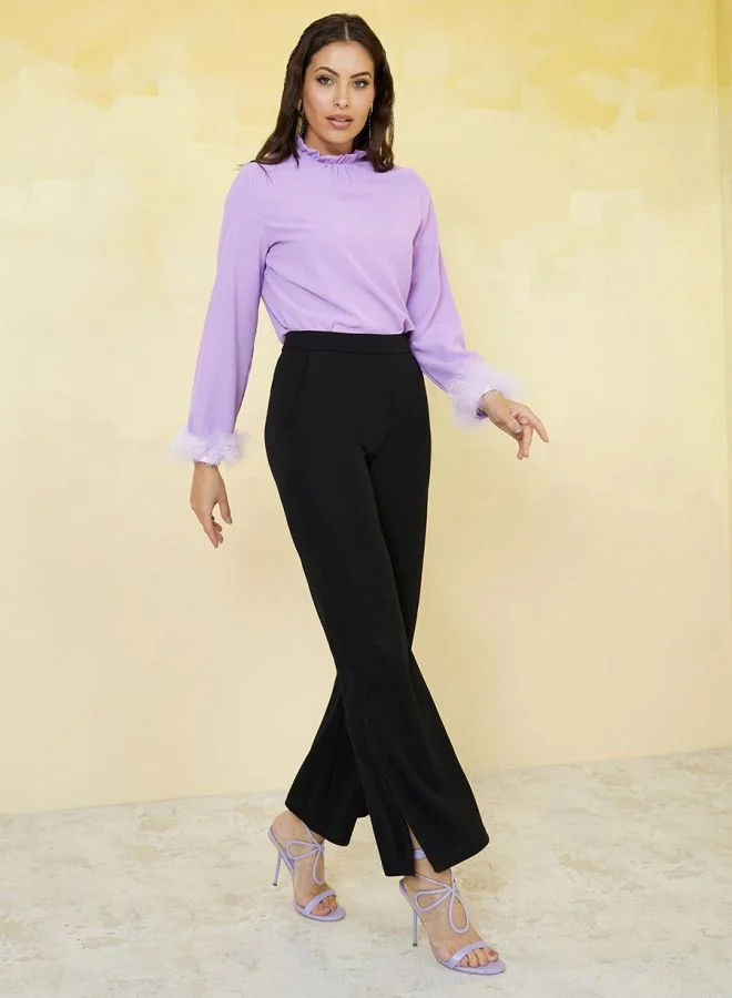 Styli High Neck Faux Fur Cuff Detail Regular Fit Blouse