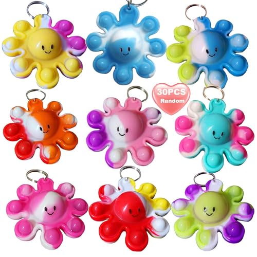 Goodangie00 30Pcs Rainbow Bulk Ocean Octopus Mini Pop Backpack Keychain Toy for Student Prizes Summer Party Favors Gifts Small Sensory Simple Bubble Fidget Egg Not Included - Image 1