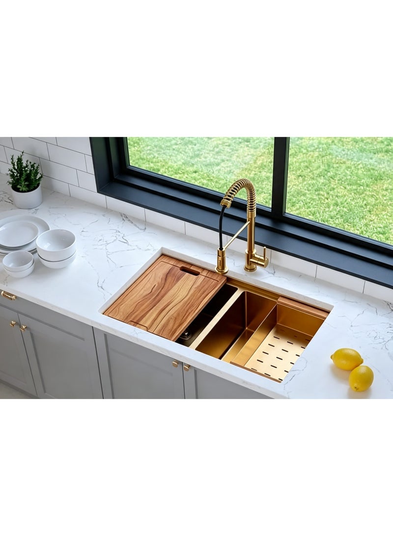 ELITE HM7744GSQ Single Bowl Under-Mount Kitchen Sink – Matte Gold Stainless Steel Sink with Radius 10 Round Fitting, 77cm - Image 2