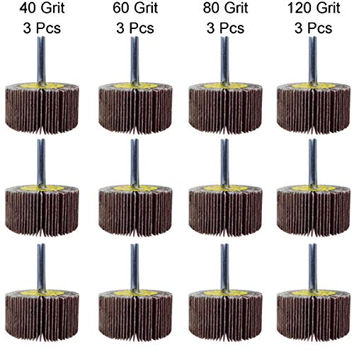 M-jump 12 Pcs 2”X 1” X1/4” Flap Wheels Set –3 pcs Of Each 40 60 80 and 120 Grits Aluminum Oxide for Remove Rust and Weld Burr – 1/4 Shank Fits All Drills - Image 2