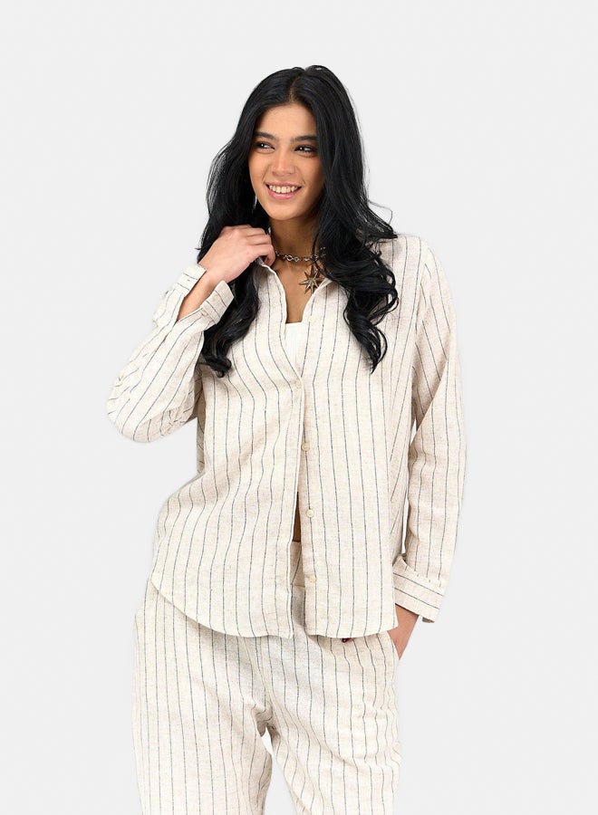 Clue Beige Linen Striped Shirt - Image 1