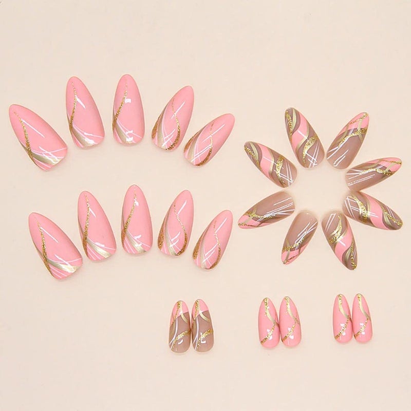 RikView Pink Press on Nails Medium Fake Nails with Swirls Design Almond Acrylic Nails Glossy Full Cover Nails - Image 2