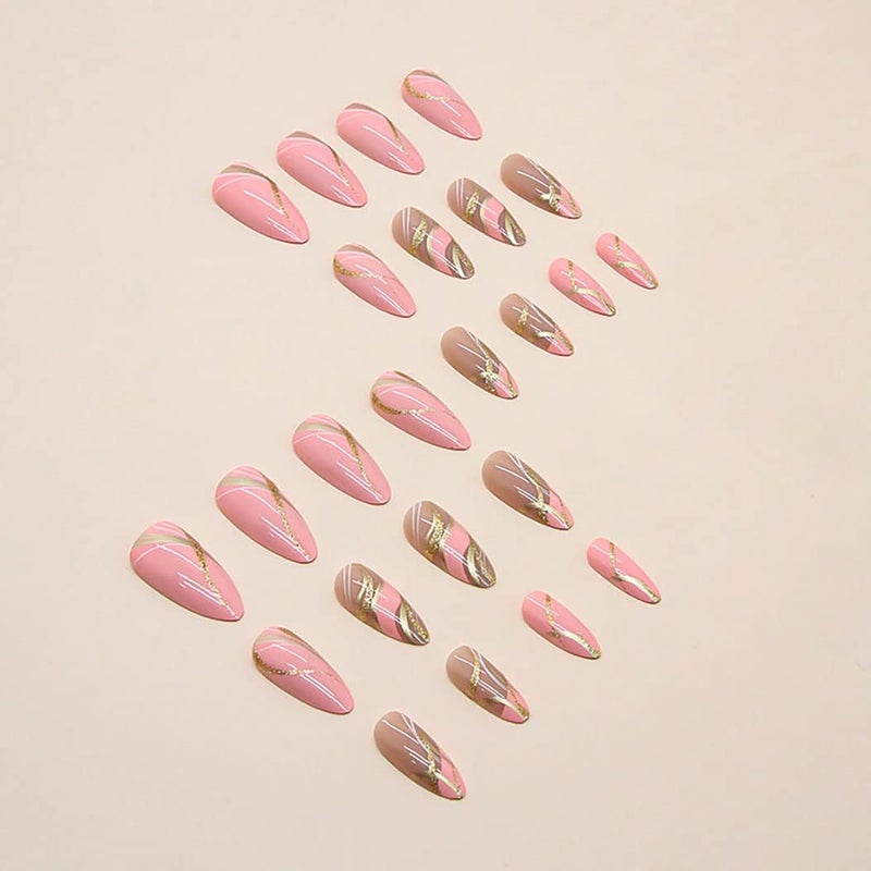 RikView Pink Press on Nails Medium Fake Nails with Swirls Design Almond Acrylic Nails Glossy Full Cover Nails - Image 3