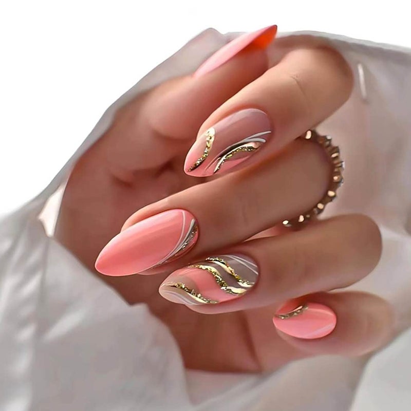 RikView Pink Press on Nails Medium Fake Nails with Swirls Design Almond Acrylic Nails Glossy Full Cover Nails - Image 1