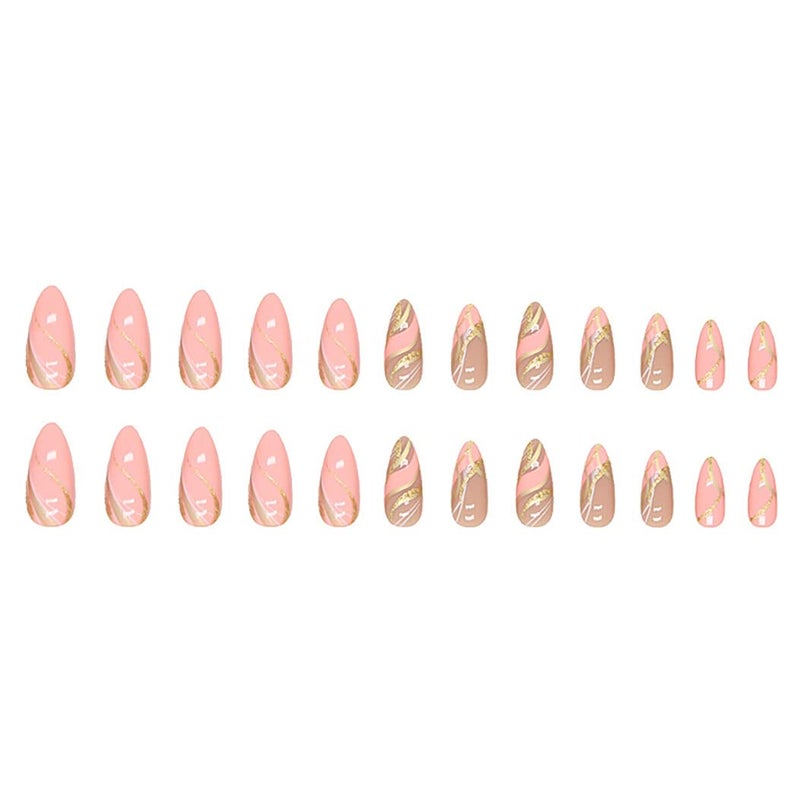RikView Pink Press on Nails Medium Fake Nails with Swirls Design Almond Acrylic Nails Glossy Full Cover Nails - Image 4