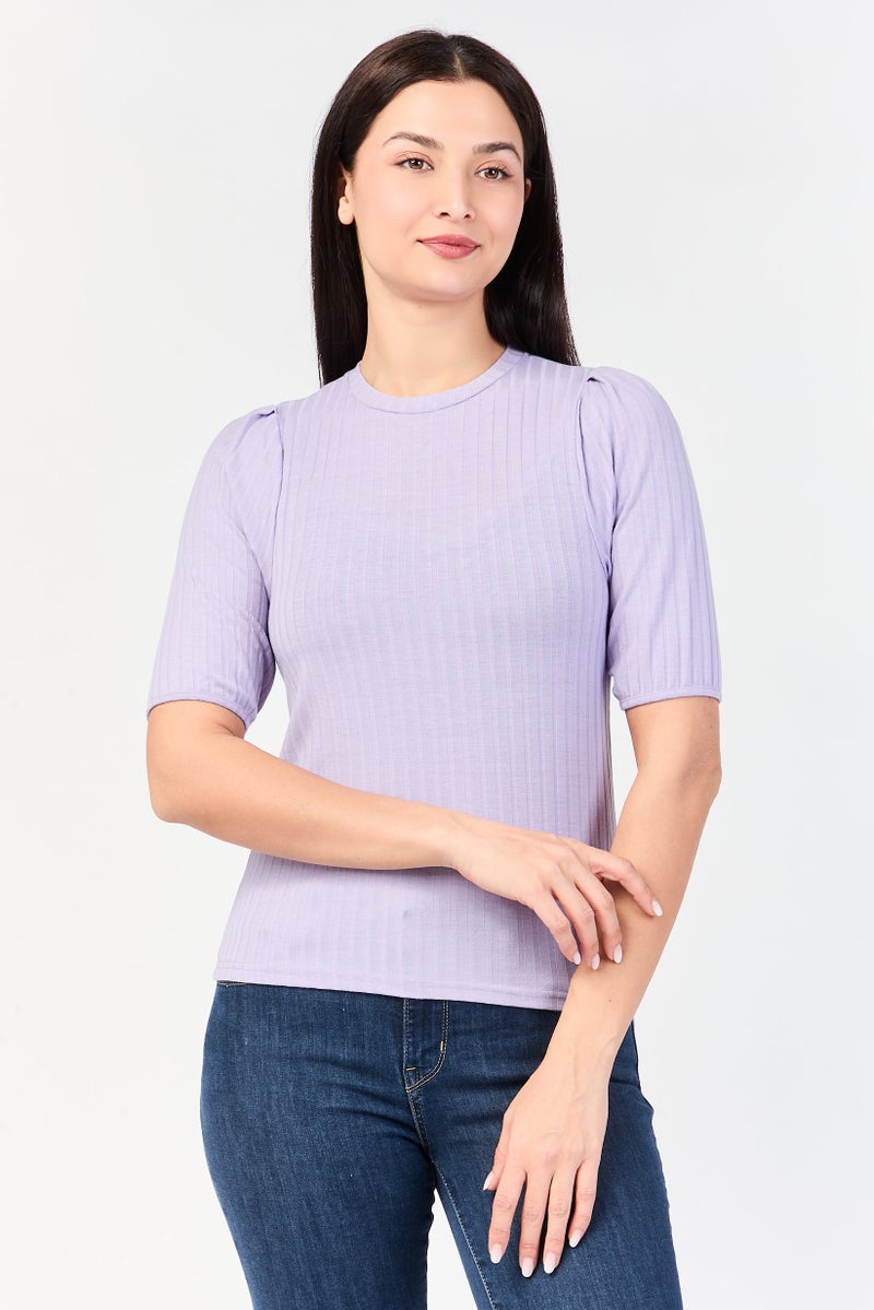 YAS Women Crew Neck Short Sleeve Textured T-Shirt, Purple - Image 1