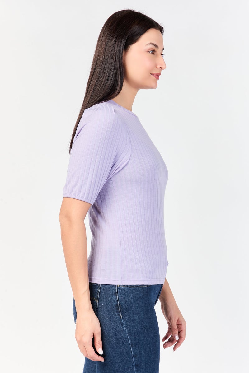 YAS Women Crew Neck Short Sleeve Textured T-Shirt, Purple - Image 3