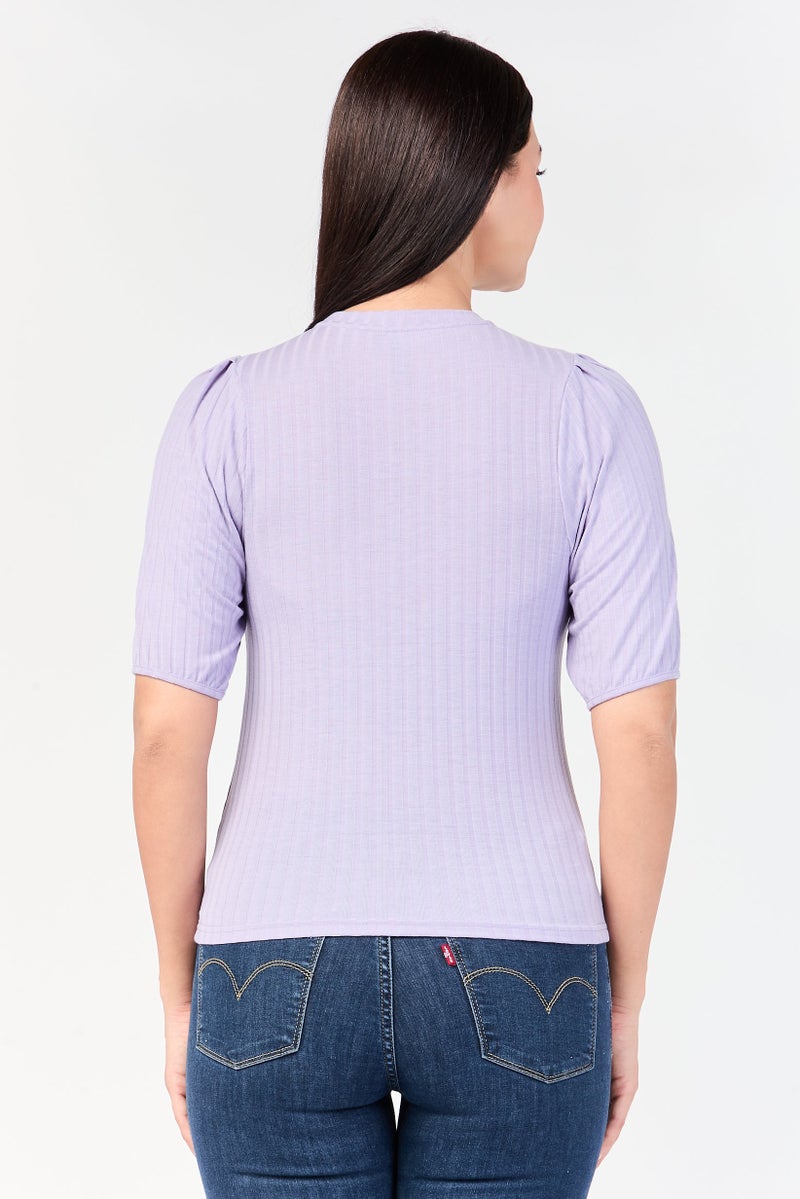 YAS Women Crew Neck Short Sleeve Textured T-Shirt, Purple - Image 4