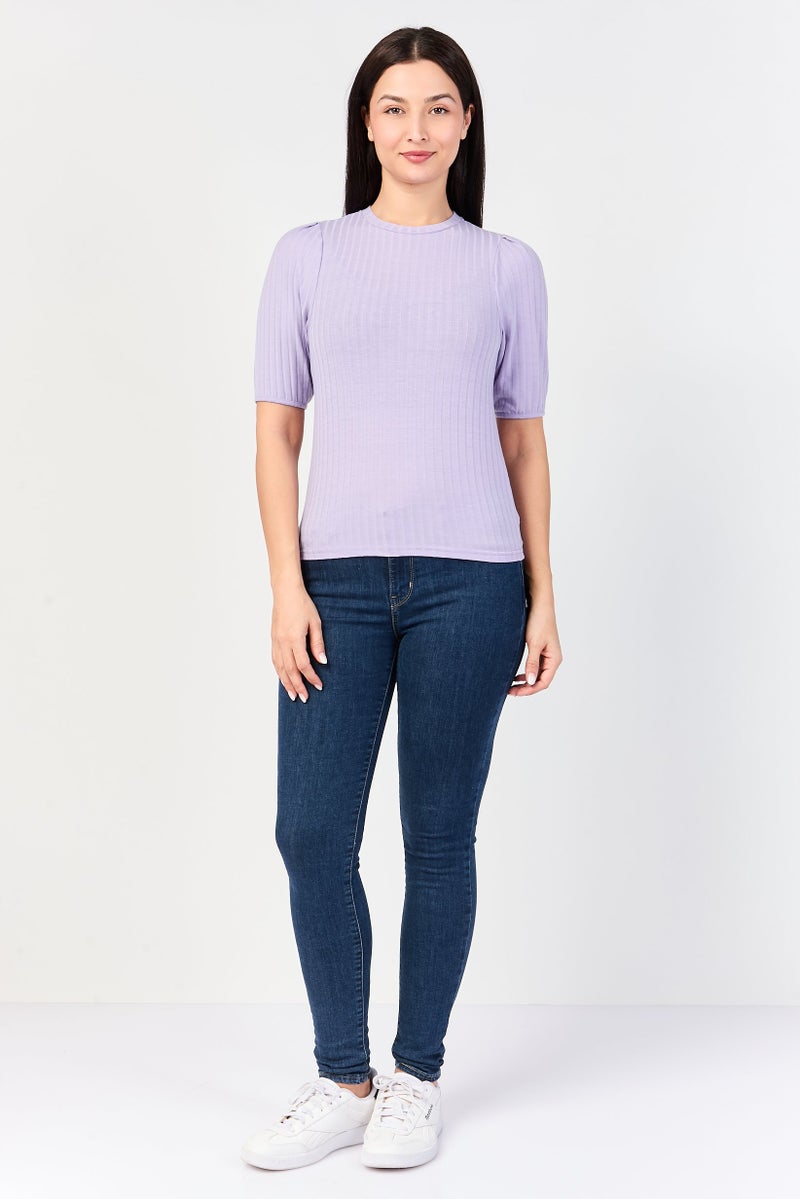 YAS Women Crew Neck Short Sleeve Textured T-Shirt, Purple - Image 2