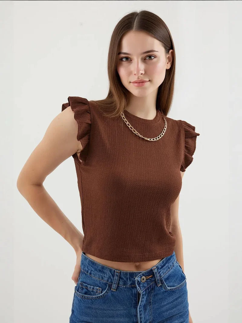 Big Dart Chestnut Brown BDART Ribbed Sleeveless Crew Neck Blouse for Women | Best Price UAE