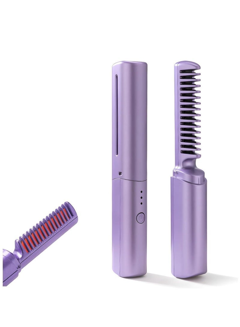 Mini Hair Straightener, Rechargeable Hair Straightener Brush, Portable Straightening Brush with Anti-Static Negative Ion, Hot Comb Hair Straightener for Women, for All Hair Types (Purple) - Image 1