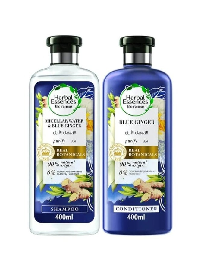 هربل إيسنسز شامبو وبلسم مجدد طبيعي بماء الميسيلار والزنجبيل الأزرق لتنقية الشعر 400ml + 400ml Pack of 2  - Image 1