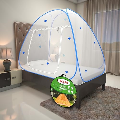 Kolar Mosquito Net for Single Bed | Polyester | Foldable Machardani with Heart Design|Strong and Durable|Tent Type Corrosion Resistant - Blue Color - Image 1
