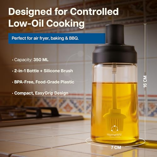 HomeWiz BPA-Free Plastic Oil Dispenser Bottle with Silicone Brush | Perfect for Air-Fryer Low-Oil Cooking, Baking, BBQ & Marinating | Easy-Pour Drip-Free Kitchen Oil Container – 350ml - Image 2
