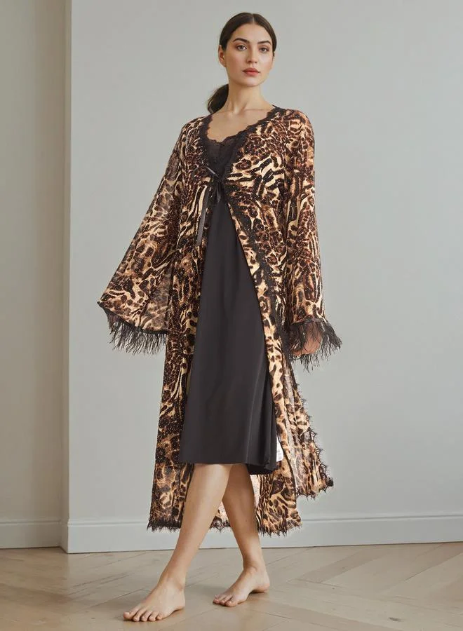 Splash FAV Lace Panel Night Gown with Robe and Thongs