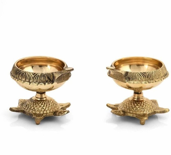 BRASS KUBER DIYA WITH TURTLE BASE ENGRAVED DESIGN DIYAS FOR POOJA 2 PIECE