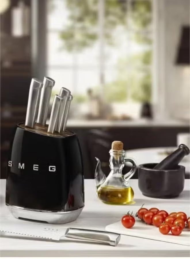 سميج حامل سكاكين SMEG، حامل سكاكين من الفولاذ المقاوم للصدأ بسطح مصقول مطلّ بالكروم وحلقة سبيكة حامل شفرات الخشب باللون الأسود (باستثناء السكين الفولاذية). - Image 2
