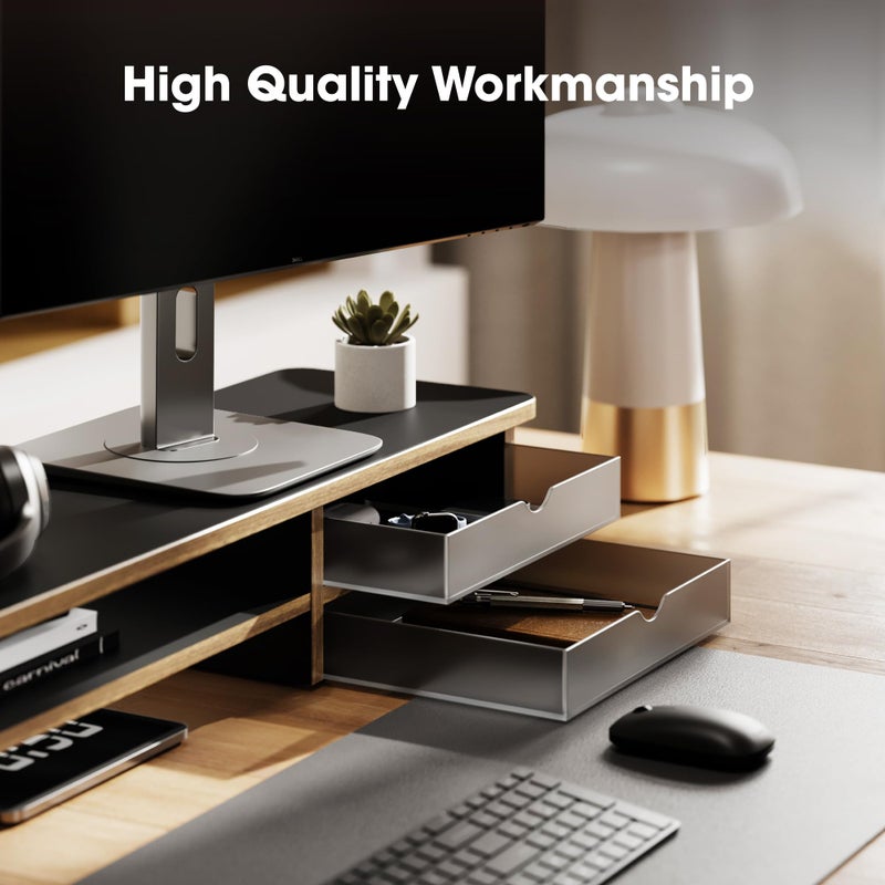 Fenge Monitor Stand, Dual Monitor Riser, 42.5inch Large Desk Computer Monitor Stand Riser with Drawer, 2 Tier Wood & Acrylic Desktop Organizer with Cable Management - Image 3