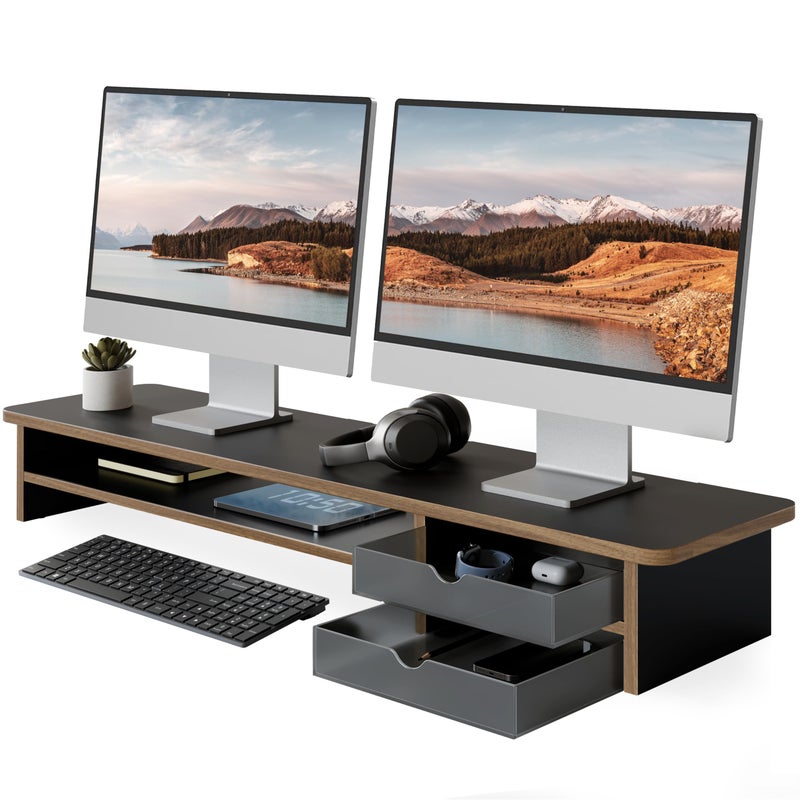 Fenge Monitor Stand, Dual Monitor Riser, 42.5inch Large Desk Computer Monitor Stand Riser with Drawer, 2 Tier Wood & Acrylic Desktop Organizer with Cable Management - Image 1