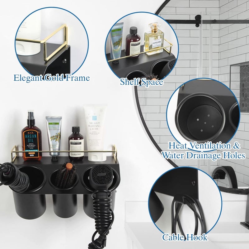 J JACKCUBE DESIGN Hair Dryer Holder Wall Mount Bathroom Vanity Hair Styling Care Tool Accessories 3 Cups Storage Organizer Caddy with Shelf Steel Black Gold- MK1002A (Black) - Image 5