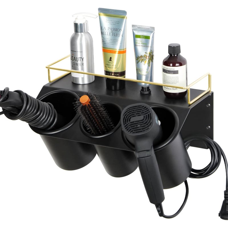 J JACKCUBE DESIGN Hair Dryer Holder Wall Mount Bathroom Vanity Hair Styling Care Tool Accessories 3 Cups Storage Organizer Caddy with Shelf Steel Black Gold- MK1002A (Black) - Image 1