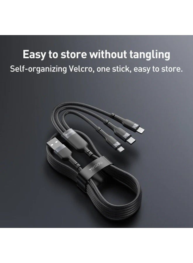 Yesido CA91 3 in 1 USB Cable, Built-In Smart Chip, Fast Charging Support, High-Speed Data Transfer, Tangle-Free Construction, Pure Copper Wire Core, Universal Compatibility, Black - Image 5
