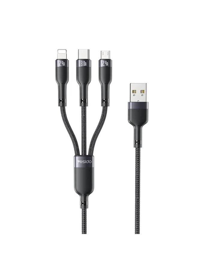 Yesido CA91 3 in 1 USB Cable, Built-In Smart Chip, Fast Charging Support, High-Speed Data Transfer, Tangle-Free Construction, Pure Copper Wire Core, Universal Compatibility, Black - Image 1