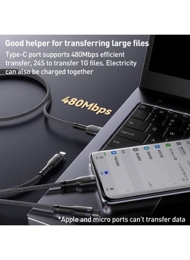 Yesido CA91 3 in 1 USB Cable, Built-In Smart Chip, Fast Charging Support, High-Speed Data Transfer, Tangle-Free Construction, Pure Copper Wire Core, Universal Compatibility, Black - Image 4