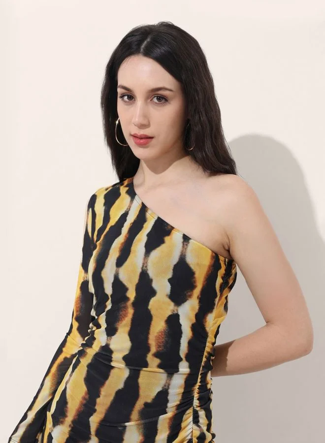 Freehand  Women Regular Fit Abstract Printed One Shoulder Long Sleeve One Shoulder Dress for Women | Best Price UAE