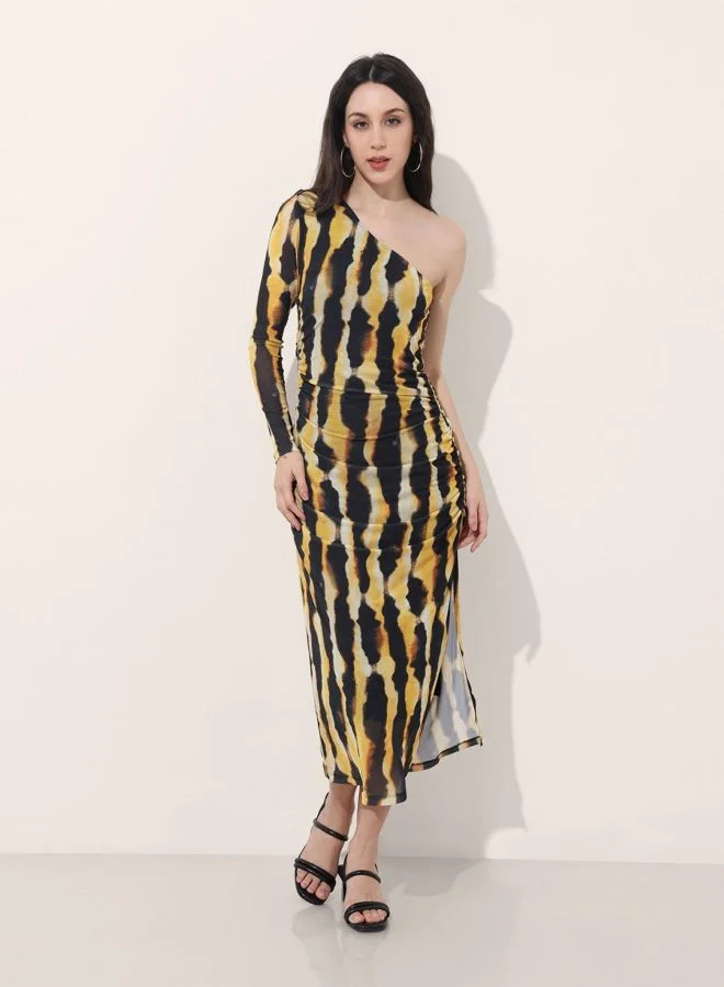 Freehand  Women Regular Fit Abstract Printed One Shoulder Long Sleeve One Shoulder Dress for Women | Best Price UAE