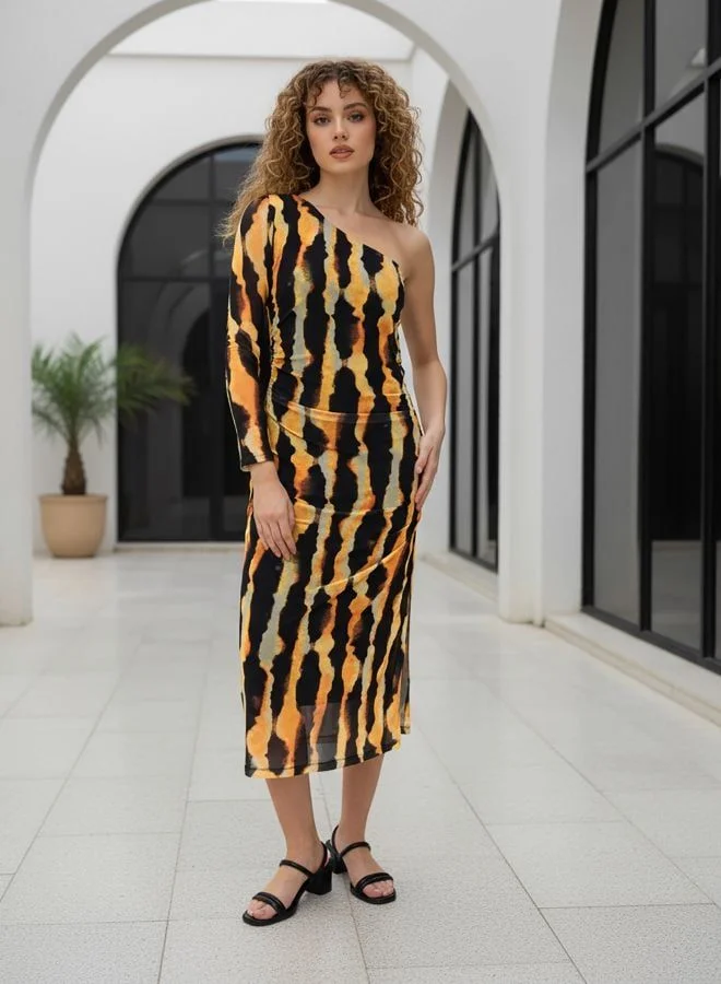 Women Regular Fit Abstract Printed One Shoulder Long Sleeve One Shoulder Dress