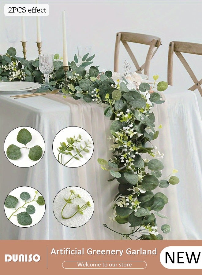 DUNISO إكليل نباتات خضراء صناعية مع زهور، إكليل أوراق الكينا معلق لحفلات الزفاف والديكور المنزلي والحرف الفنية وزينة الطاولة والخلفيات الداخلية والخارجية - Image 1