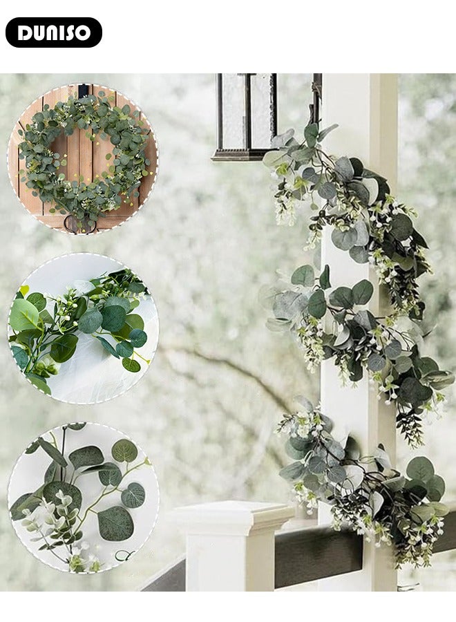 DUNISO إكليل نباتات خضراء صناعية مع زهور، إكليل أوراق الكينا معلق لحفلات الزفاف والديكور المنزلي والحرف الفنية وزينة الطاولة والخلفيات الداخلية والخارجية - Image 2