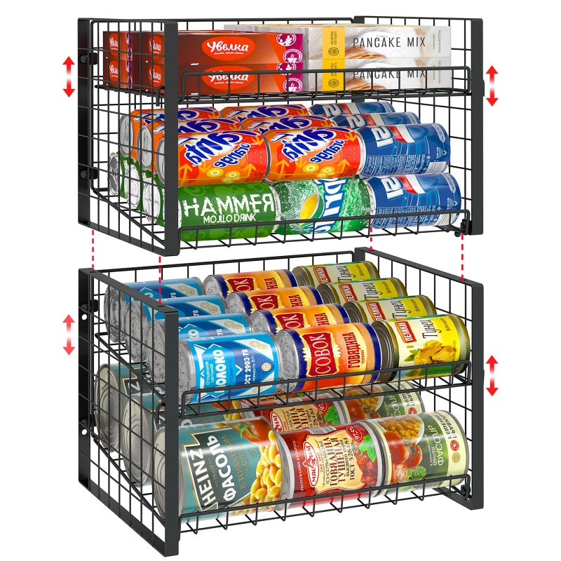 JKsmart 2-Tier Stackable Can Rack Organizer for Pantry, Adjustable Can Dispenser Holds Up to 60 Cans, Can Storage Holder for Various Ounces of Canned Food Soda Drinks, Black, 2 Pack - Image 1