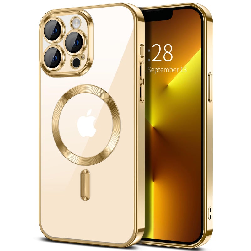 Hython Magnetic Clear for iPhone 13 Pro Case with Camera Lens Protector [Compatible with MagSafe] Luxury Plating Edge Slim Soft TPU Cover Protective Phone Case for iPhone 13 Pro 6.1", Gold - Image 1