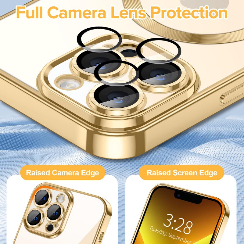 Hython Magnetic Clear for iPhone 13 Pro Case with Camera Lens Protector [Compatible with MagSafe] Luxury Plating Edge Slim Soft TPU Cover Protective Phone Case for iPhone 13 Pro 6.1", Gold - Image 4