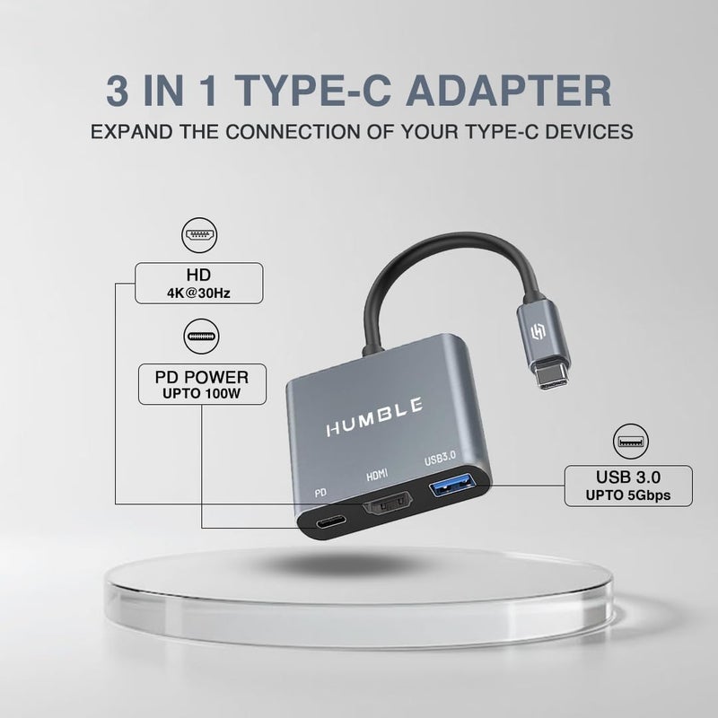 Humble محول USB-C إلى HDMI، مركز 3 في 1 مع HDMI بدقة 4K@30Hz، USB 3.0 بسرعة 5Gbps، منفذ شحن PD بقوة 100W لجهاز MacBook، الكمبيوتر المحمول، الكمبيوتر الشخصي والأجهزة من نوع C، (ضمان لمدة سنة) - Image 2