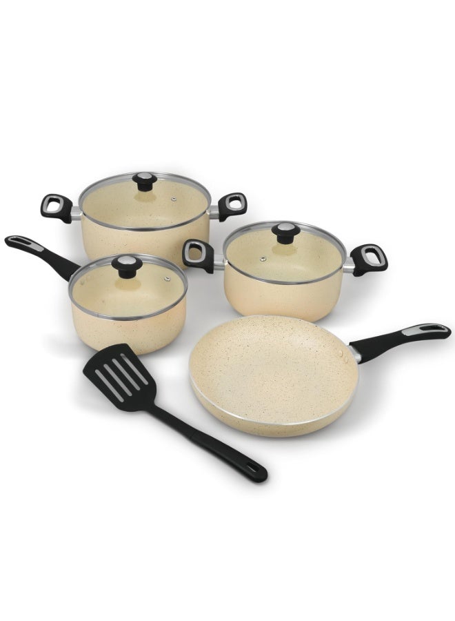 Impex 5 Piece Aluminium Nonstick Cookware Set | Non Induction Base Cookware | 5 Layer Super Granite Coating,2 Saucepan with Tempered Glass Lid,Milkpan with Lid,Fraying Pan and Spatula - Image 1