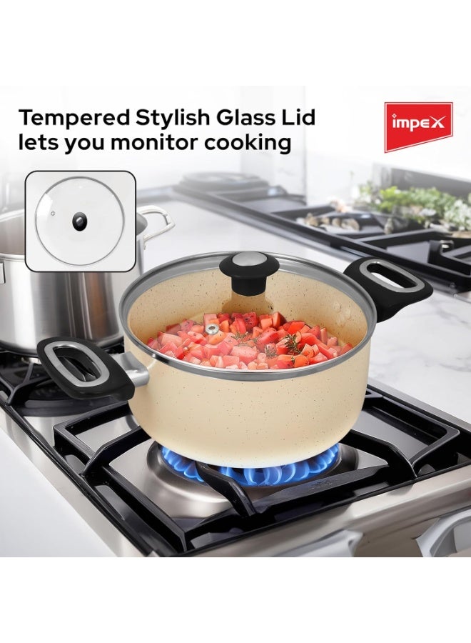 Impex 5 Piece Aluminium Nonstick Cookware Set | Non Induction Base Cookware | 5 Layer Super Granite Coating,2 Saucepan with Tempered Glass Lid,Milkpan with Lid,Fraying Pan and Spatula - Image 3