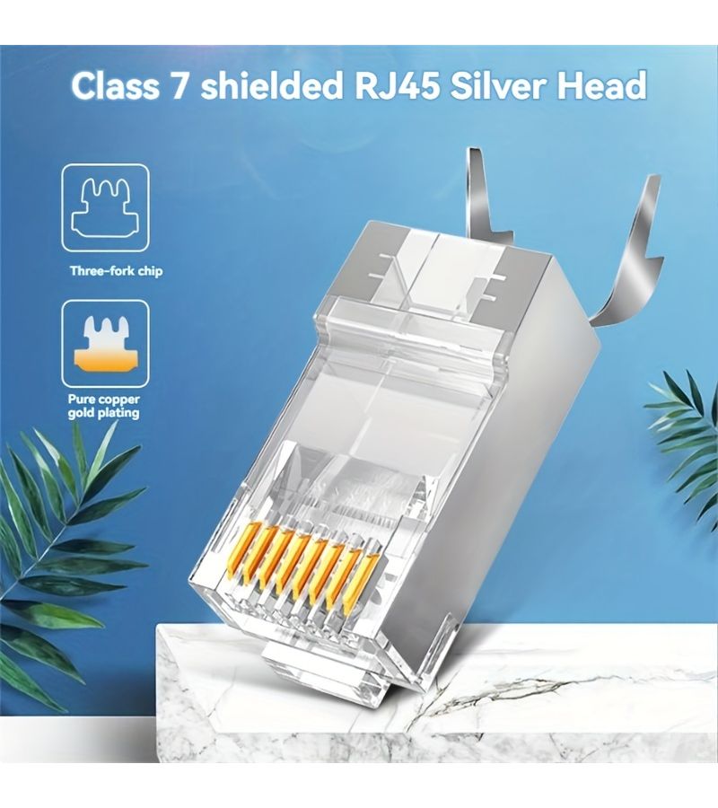 موصل CAT7 محمي برأس كريستالي (عبوة 25 قطعة) مع طلاء ذهبي ومشبك من نوع RJ45 على شكل حلمة حمام - Image 1