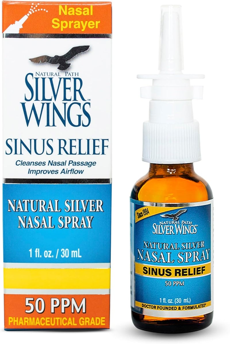 Natural Path Silver Wings رذاذ الأنف الطبيعي من سيلفر وينغز لتخفيف احتقان الجيوب الأنفية 50 جزء في المليون 1 أونصة - Image 1