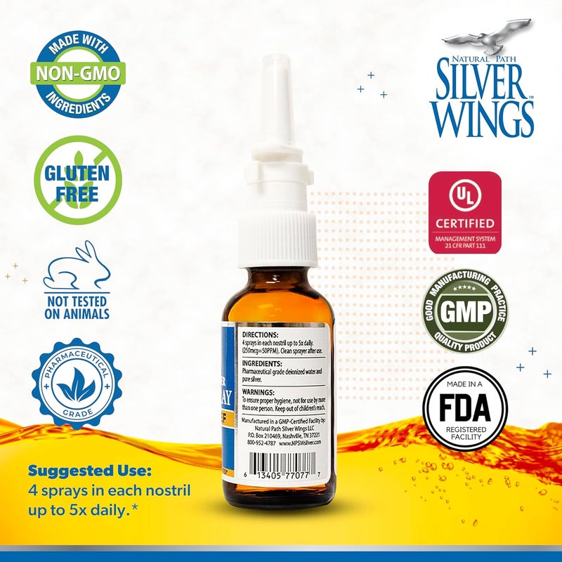 Natural Path Silver Wings رذاذ الأنف الطبيعي من سيلفر وينغز لتخفيف احتقان الجيوب الأنفية 50 جزء في المليون 1 أونصة - Image 2