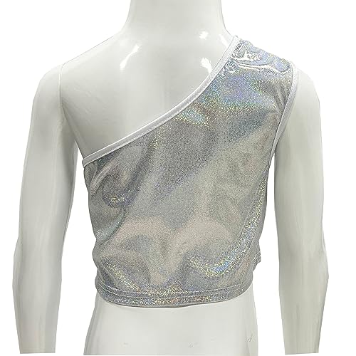 DRHOM Kids Girls One-Shoulder Sequins Dance Vest Jazz Hip Hop Stage Performance Tank Crop Tops Clothes Dancewear (Silver, 9-10) - Image 3