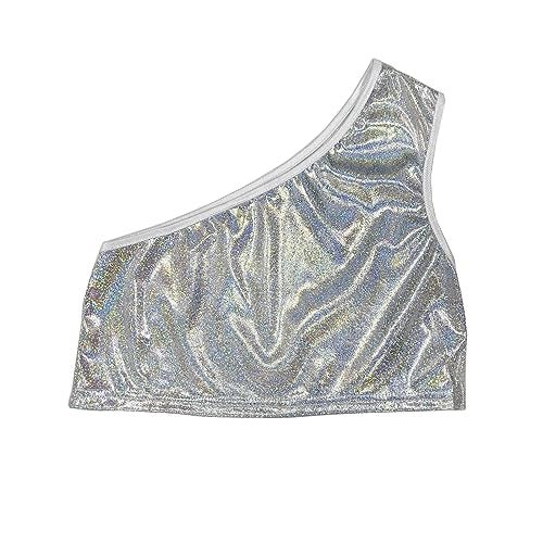 DRHOM Kids Girls One-Shoulder Sequins Dance Vest Jazz Hip Hop Stage Performance Tank Crop Tops Clothes Dancewear (Silver, 9-10) - Image 4