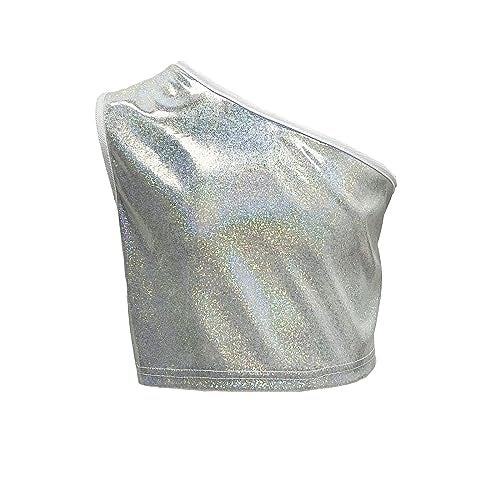DRHOM Kids Girls One-Shoulder Sequins Dance Vest Jazz Hip Hop Stage Performance Tank Crop Tops Clothes Dancewear (Silver, 9-10) - Image 1