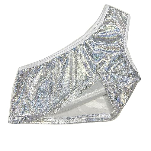 DRHOM Kids Girls One-Shoulder Sequins Dance Vest Jazz Hip Hop Stage Performance Tank Crop Tops Clothes Dancewear (Silver, 9-10) - Image 5