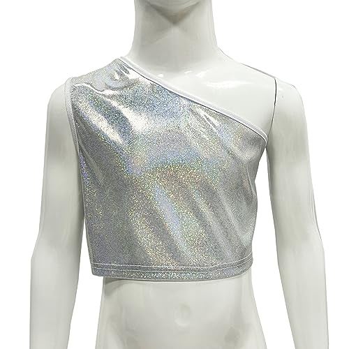 DRHOM Kids Girls One-Shoulder Sequins Dance Vest Jazz Hip Hop Stage Performance Tank Crop Tops Clothes Dancewear (Silver, 9-10) - Image 2